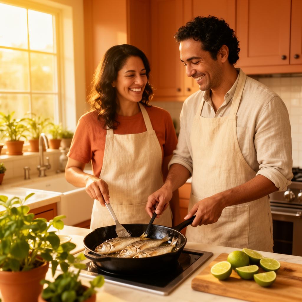 Eduardo and Paty cooking together in their San Diego kitchen