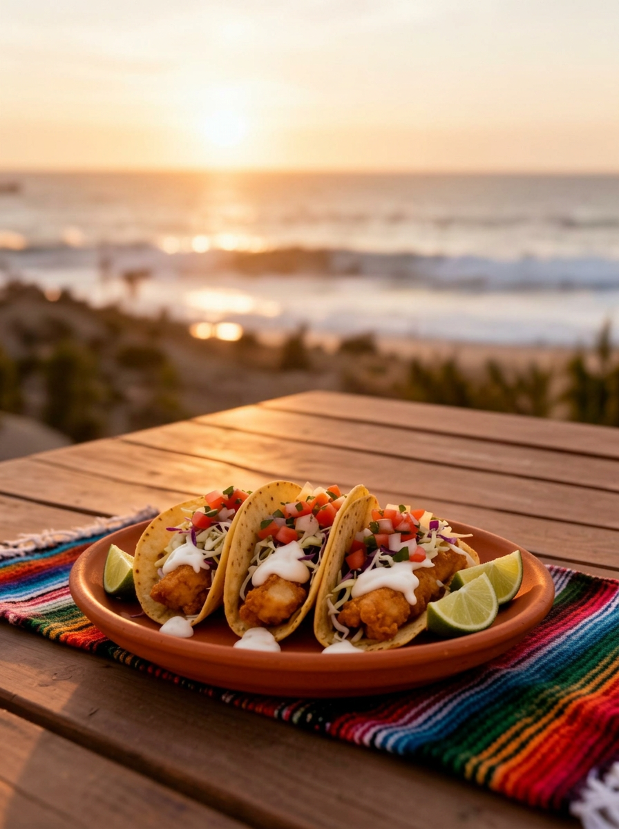 Crispy Baja-style fish tacos at sunset on the coast
