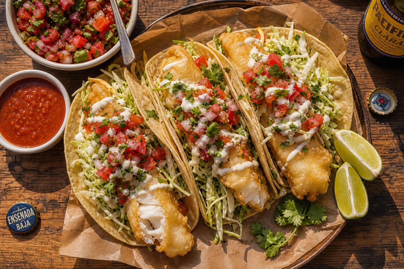 Family taco spread with crispy Baja fish tacos, salsa, lime and cilantro